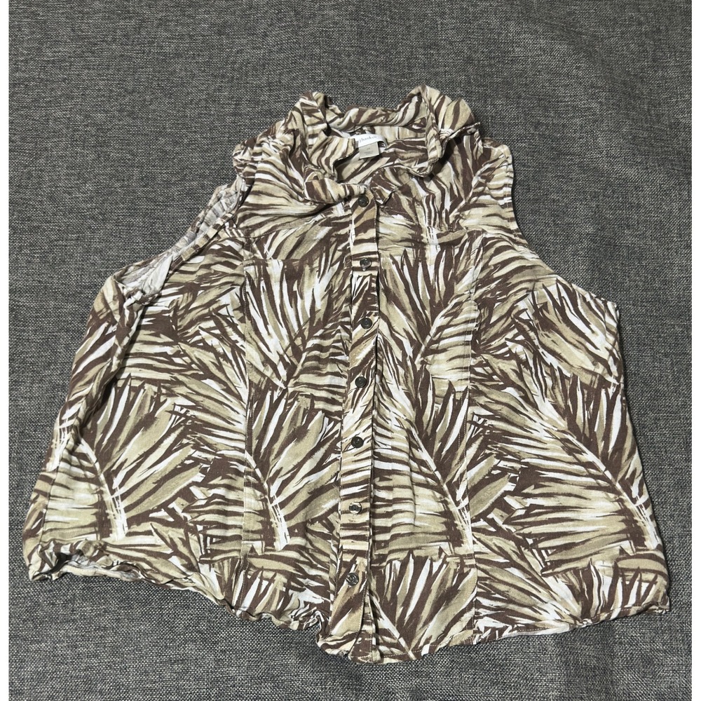 CJ Banks Women's 2X Sleeveless Button Up Linen Blend Palm Leaf Print Top
